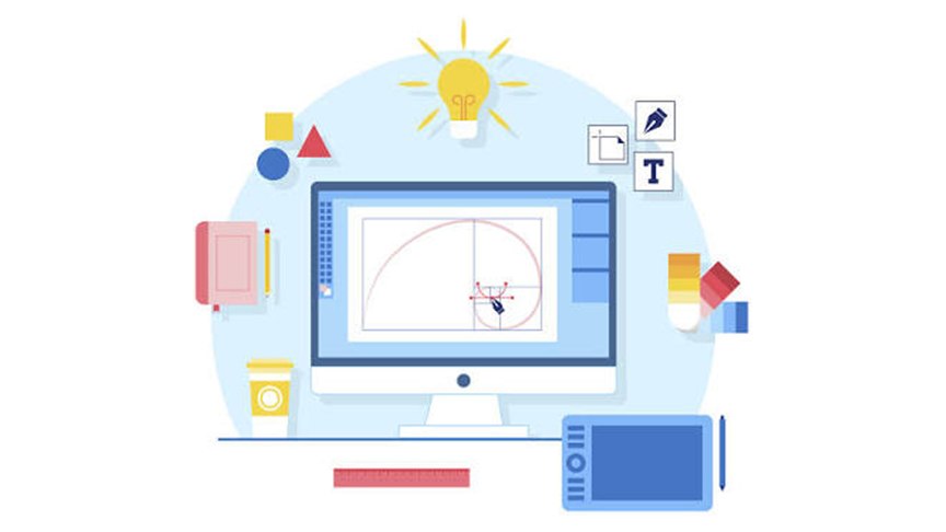 Ilustrasi meja desainer: monitor dengan kurva rasio emas, tablet gambar, dan palet warna