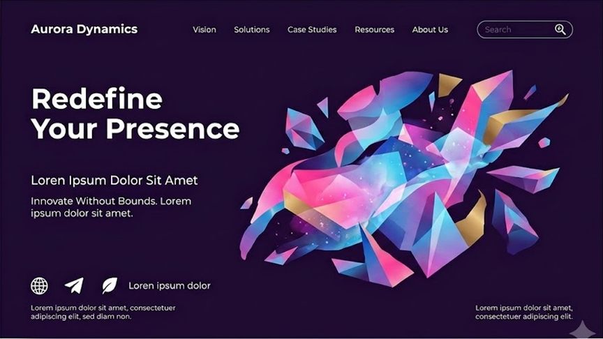 Contoh acuan tampilan: landing page bergaya gelap dengan pecahan kristal neon